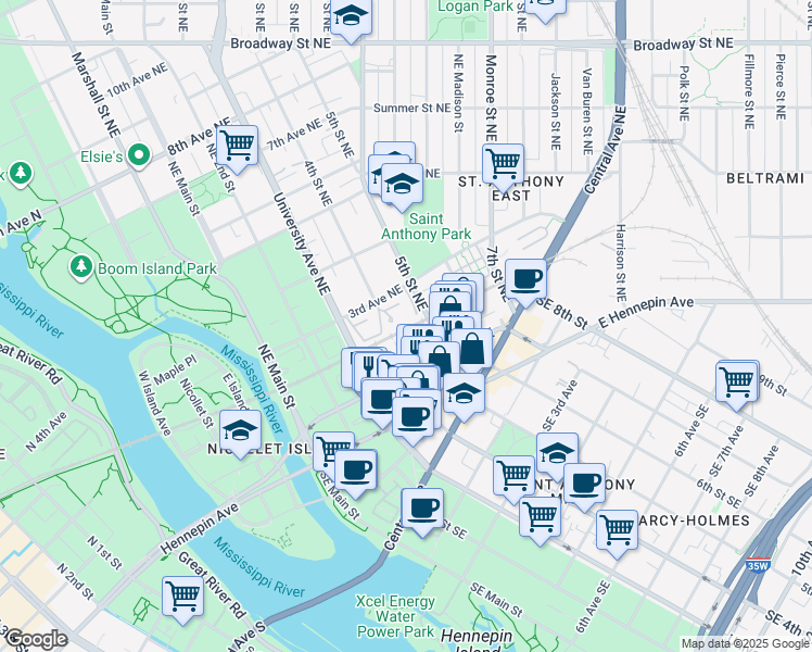 map of restaurants, bars, coffee shops, grocery stores, and more near 422 3rd Avenue Northeast in Minneapolis