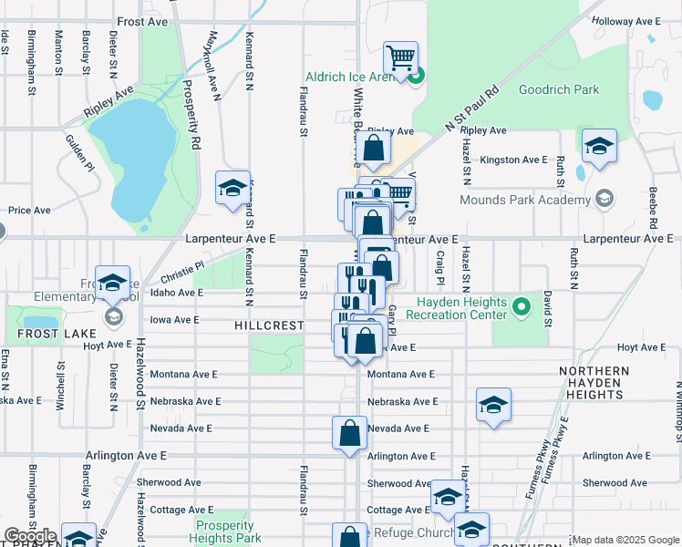 map of restaurants, bars, coffee shops, grocery stores, and more near 1645 White Bear Avenue in Saint Paul