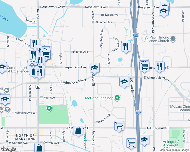 map of restaurants, bars, coffee shops, grocery stores, and more near in Little Canada