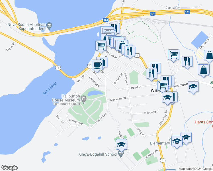 map of restaurants, bars, coffee shops, grocery stores, and more near 349 Clifton Avenue in Windsor
