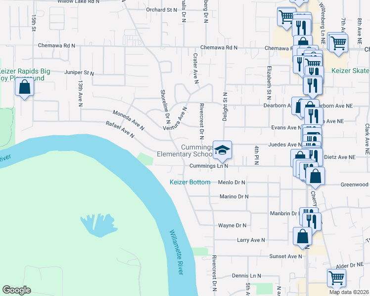 map of restaurants, bars, coffee shops, grocery stores, and more near 4620 Shoreline Drive North in Keizer