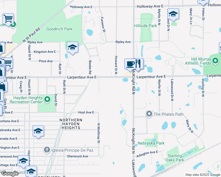 map of restaurants, bars, coffee shops, grocery stores, and more near 2200 Larpenteur Avenue East in Saint Paul