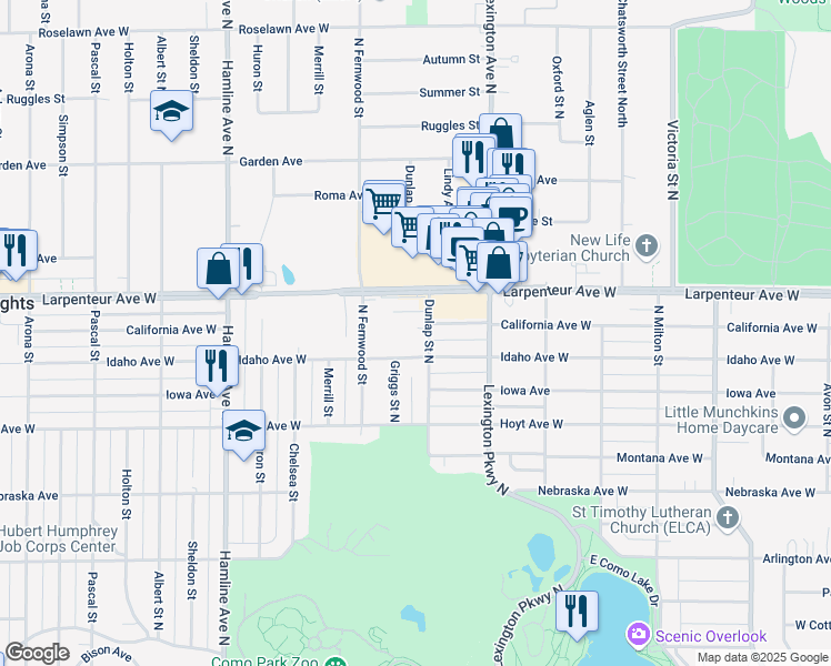 map of restaurants, bars, coffee shops, grocery stores, and more near 1192 California Drive in Saint Paul