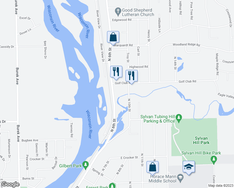 map of restaurants, bars, coffee shops, grocery stores, and more near 3625 North 6th Street in Wausau