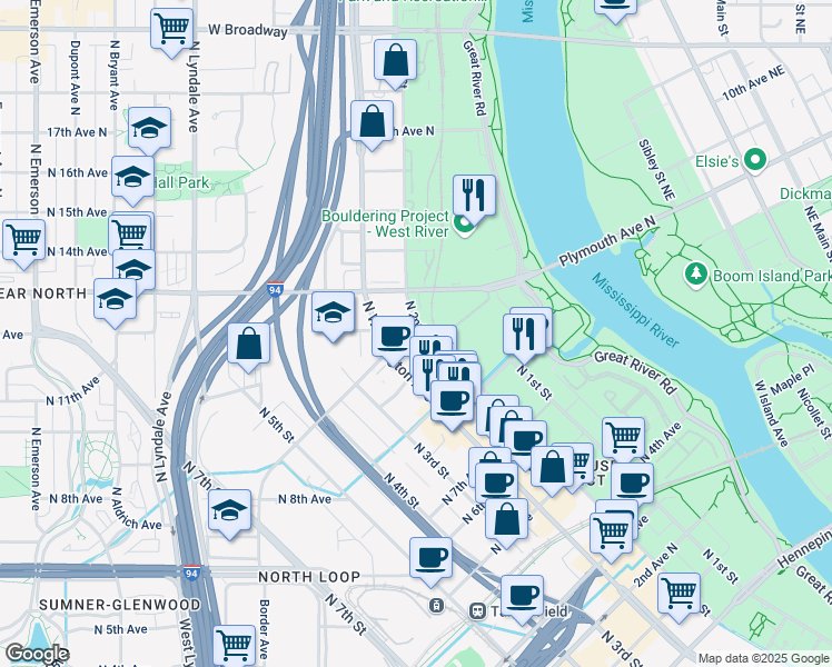 map of restaurants, bars, coffee shops, grocery stores, and more near 909 North 2nd Street in Minneapolis