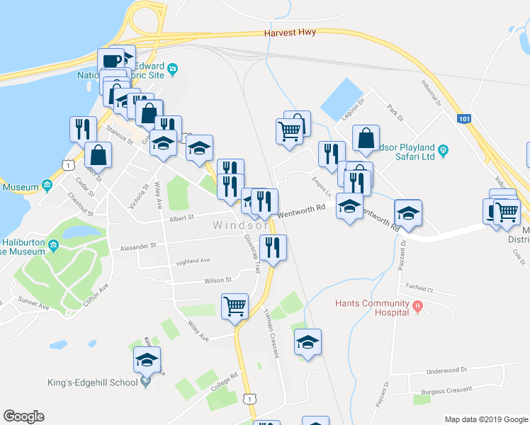map of restaurants, bars, coffee shops, grocery stores, and more near 604 O'Brien Street in Windsor