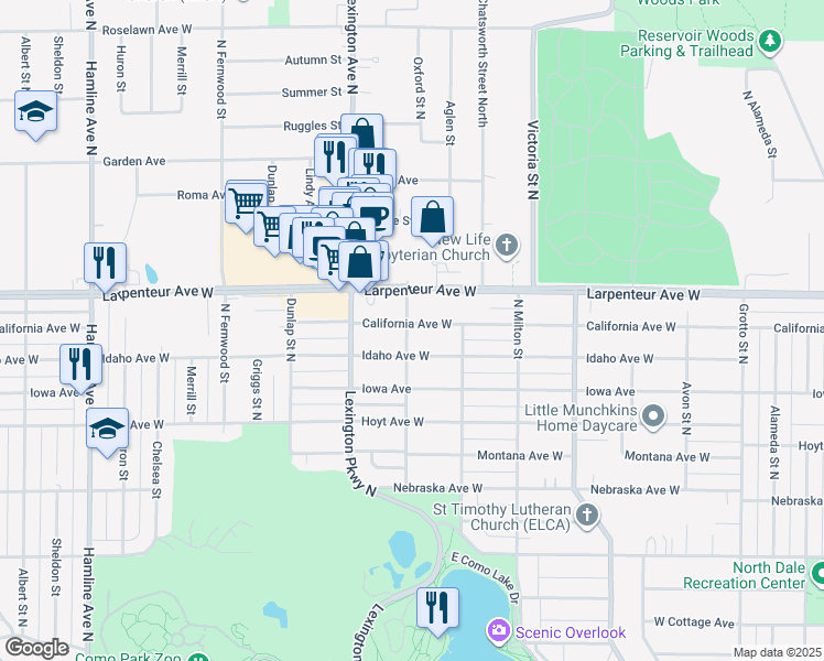 map of restaurants, bars, coffee shops, grocery stores, and more near 1038 California Avenue West in Saint Paul