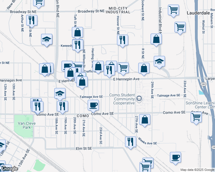 map of restaurants, bars, coffee shops, grocery stores, and more near 1101 24th Avenue Southeast in Minneapolis