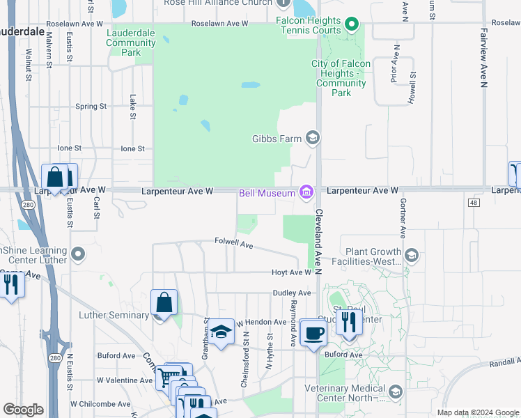 map of restaurants, bars, coffee shops, grocery stores, and more near 1666 Coffman Street in Saint Paul