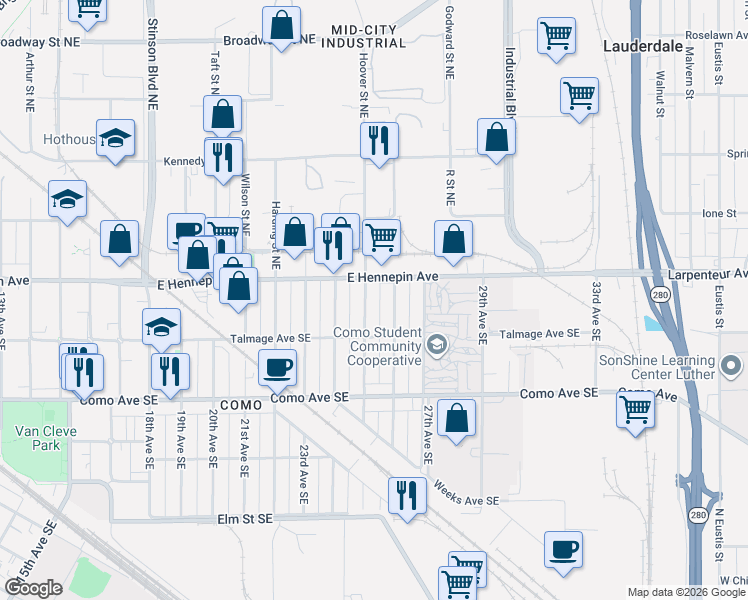 map of restaurants, bars, coffee shops, grocery stores, and more near 1094 25th Avenue Southeast in Minneapolis