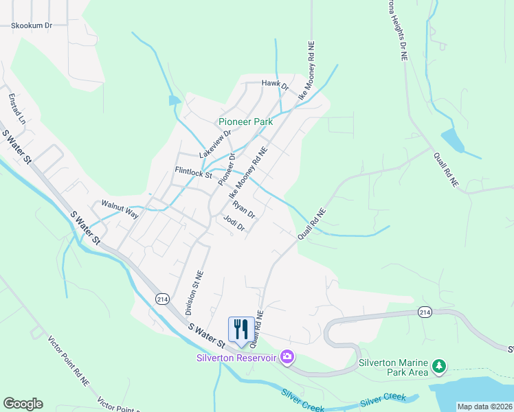 map of restaurants, bars, coffee shops, grocery stores, and more near 1458 Avery Drive Northeast in Silverton