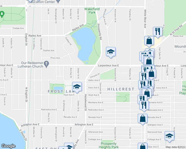 map of restaurants, bars, coffee shops, grocery stores, and more near 1567 Christie Place in Saint Paul