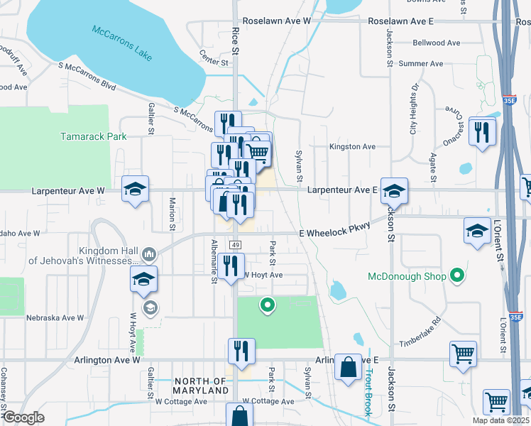 map of restaurants, bars, coffee shops, grocery stores, and more near 2280 Silver Lane Northeast in Saint Paul
