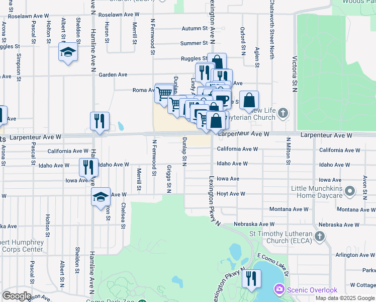 map of restaurants, bars, coffee shops, grocery stores, and more near 1168 California Avenue West in Saint Paul