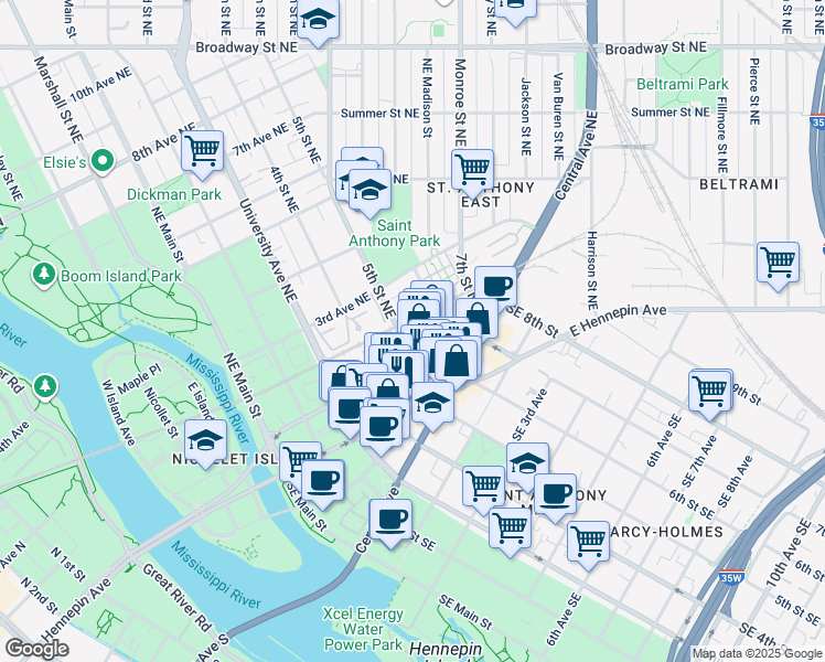 map of restaurants, bars, coffee shops, grocery stores, and more near 503 Northeast 2nd Street in Minneapolis