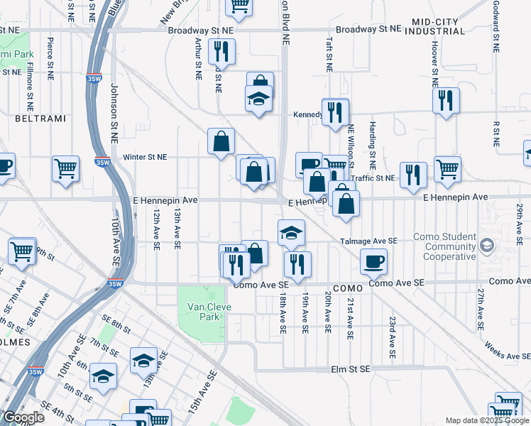 map of restaurants, bars, coffee shops, grocery stores, and more near 1100 17th Avenue Southeast in Minneapolis