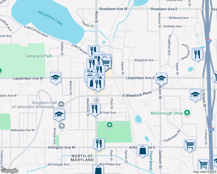 map of restaurants, bars, coffee shops, grocery stores, and more near 83 Larpenteur Avenue West in Saint Paul