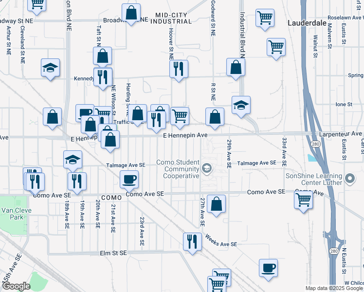 map of restaurants, bars, coffee shops, grocery stores, and more near 1094 25th Avenue Southeast in Minneapolis