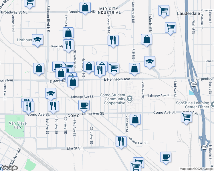 map of restaurants, bars, coffee shops, grocery stores, and more near 1094 25th Avenue Southeast in Minneapolis