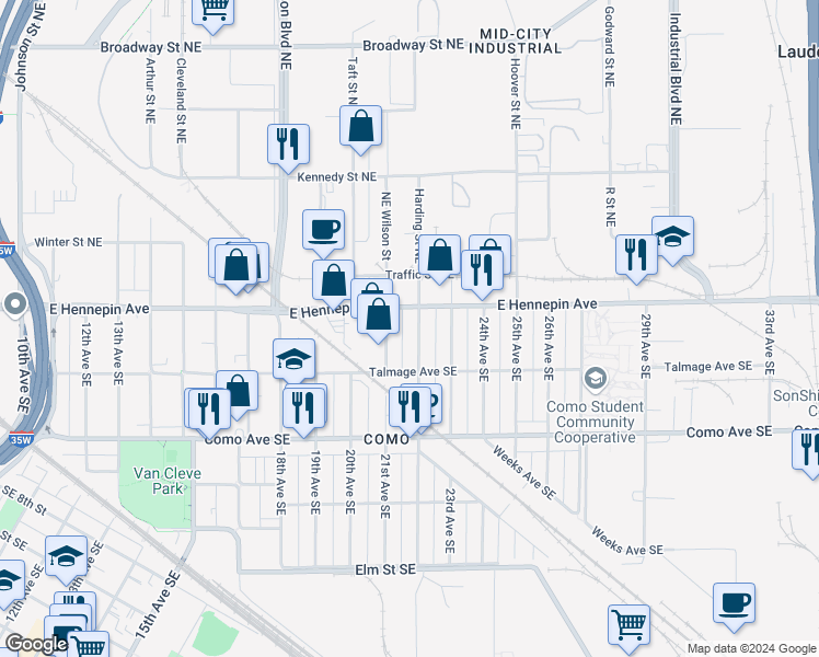 map of restaurants, bars, coffee shops, grocery stores, and more near 1101 22nd Avenue Southeast in Minneapolis