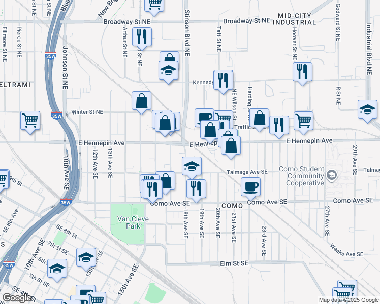 map of restaurants, bars, coffee shops, grocery stores, and more near 1108 18th Avenue Southeast in Minneapolis