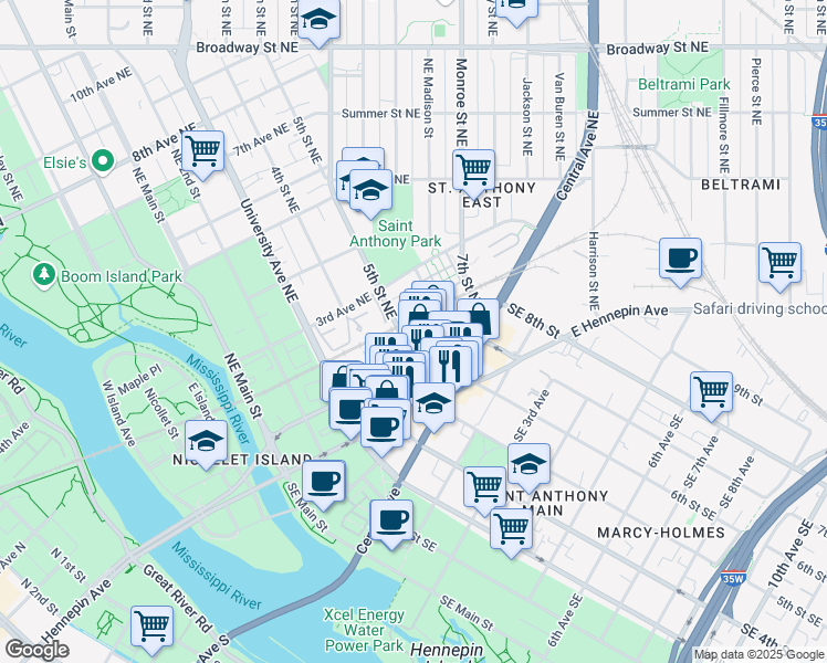 map of restaurants, bars, coffee shops, grocery stores, and more near 503 Northeast 2nd Street in Minneapolis