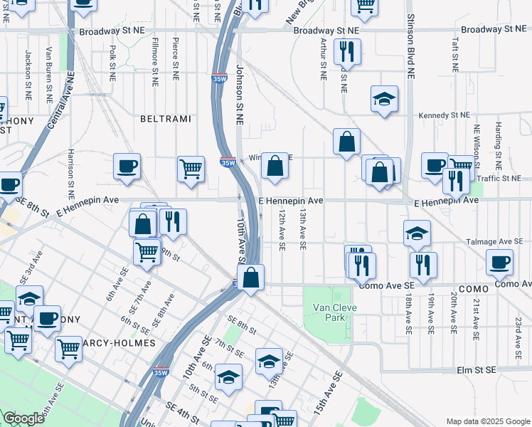 map of restaurants, bars, coffee shops, grocery stores, and more near 1106 11th Avenue Southeast in Minneapolis