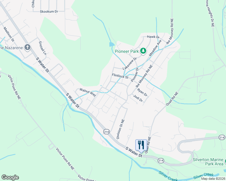 map of restaurants, bars, coffee shops, grocery stores, and more near 411 Ike Mooney Rd NE in Silverton