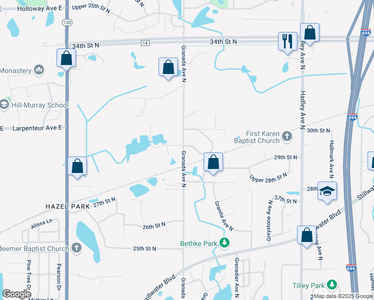 map of restaurants, bars, coffee shops, grocery stores, and more near 2912 Granada Lane North in Oakdale