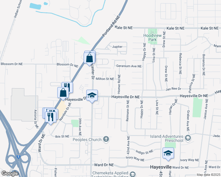 map of restaurants, bars, coffee shops, grocery stores, and more near 4727 Tree Lane Northeast in Salem