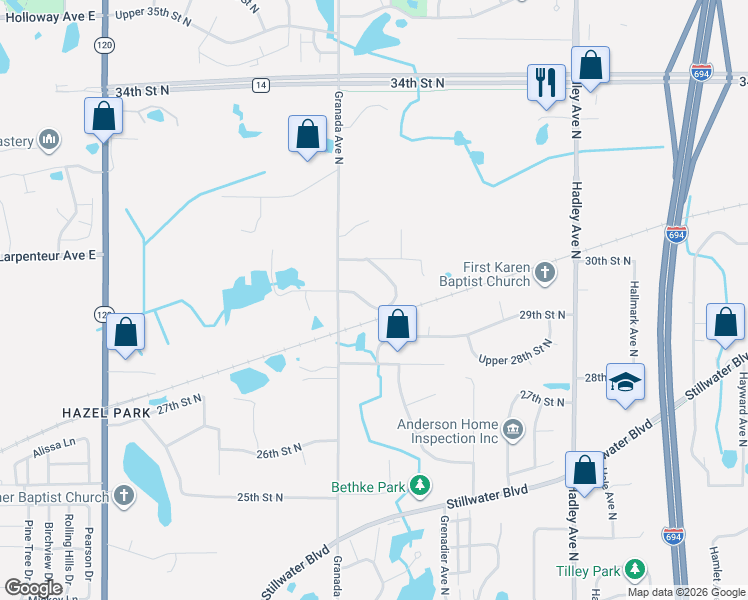 map of restaurants, bars, coffee shops, grocery stores, and more near 2941 Granada Lane North in Oakdale