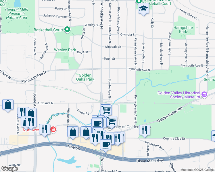 map of restaurants, bars, coffee shops, grocery stores, and more near 1035 Sumter Avenue North in Minneapolis