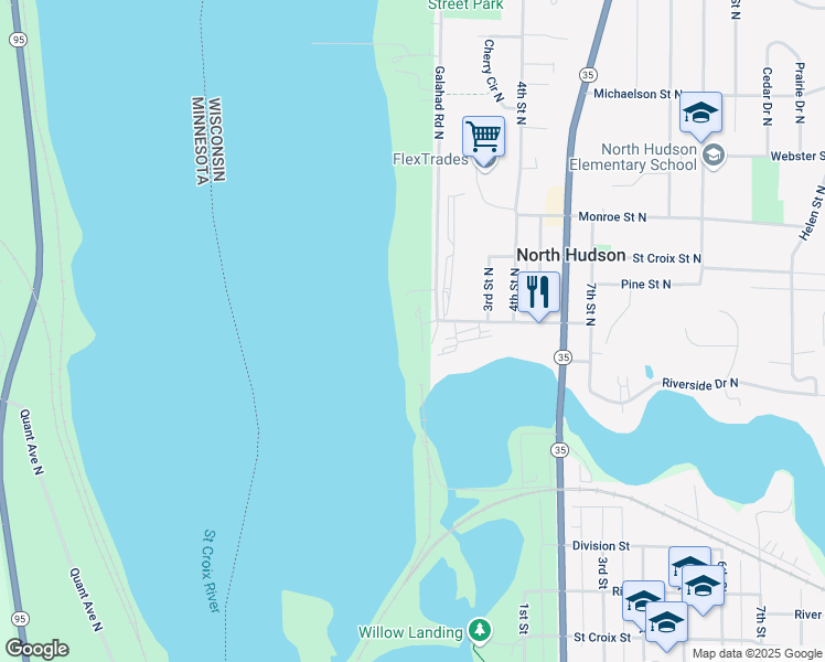 map of restaurants, bars, coffee shops, grocery stores, and more near 217 Eastbank Court North in Hudson