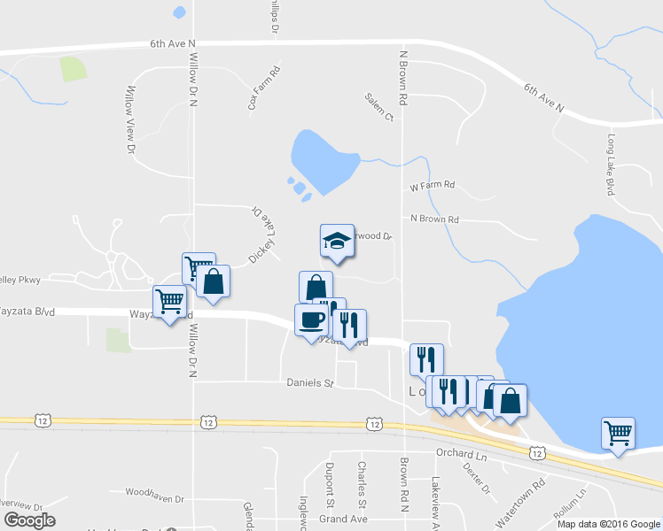 map of restaurants, bars, coffee shops, grocery stores, and more near 2101 Sugarwood Drive in Long Lake