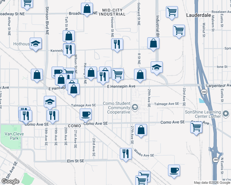 map of restaurants, bars, coffee shops, grocery stores, and more near 1094 25th Avenue Southeast in Minneapolis