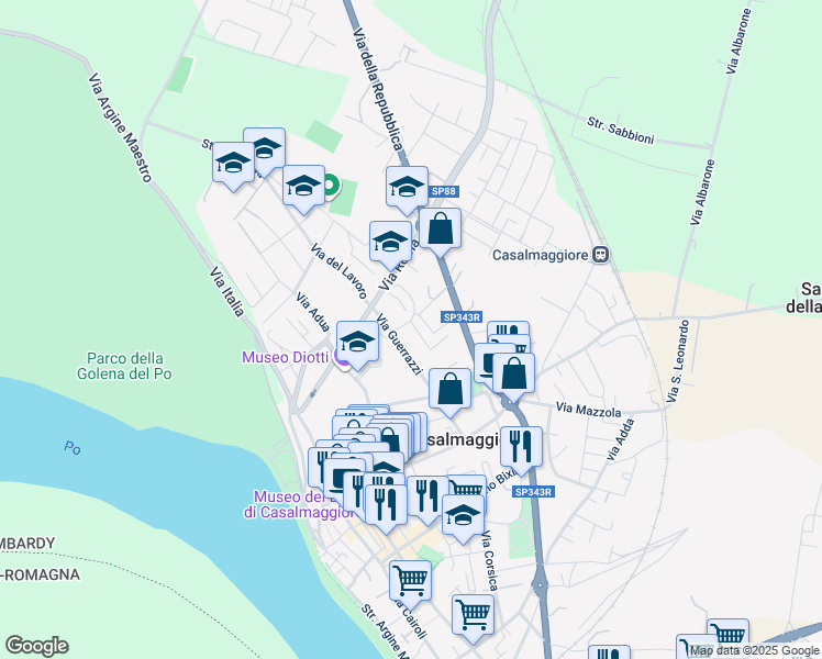 map of restaurants, bars, coffee shops, grocery stores, and more near 26 Via Don P. Marcheselli in Casalmaggiore
