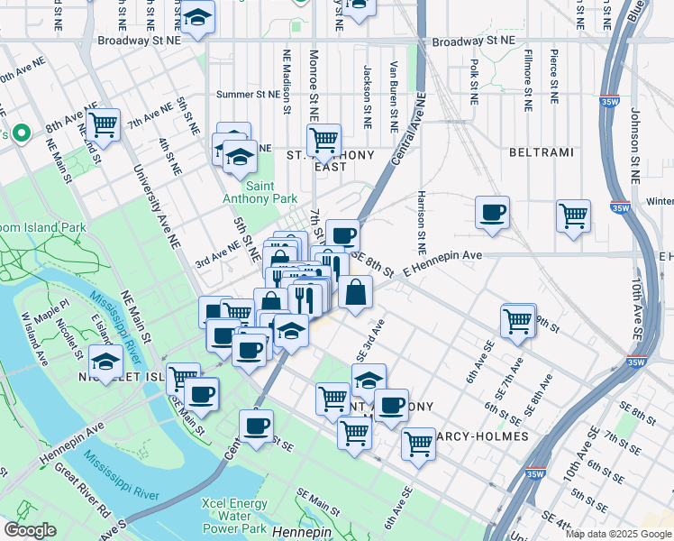 map of restaurants, bars, coffee shops, grocery stores, and more near 700 Central Avenue Northeast in Minneapolis