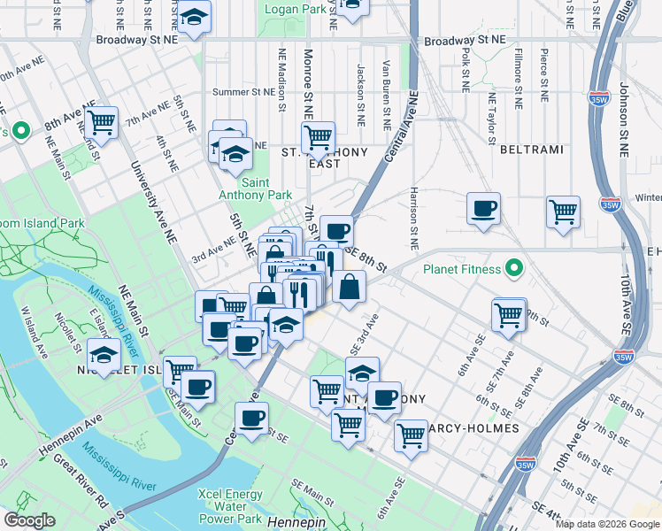 map of restaurants, bars, coffee shops, grocery stores, and more near 700 Central Avenue Northeast in Minneapolis