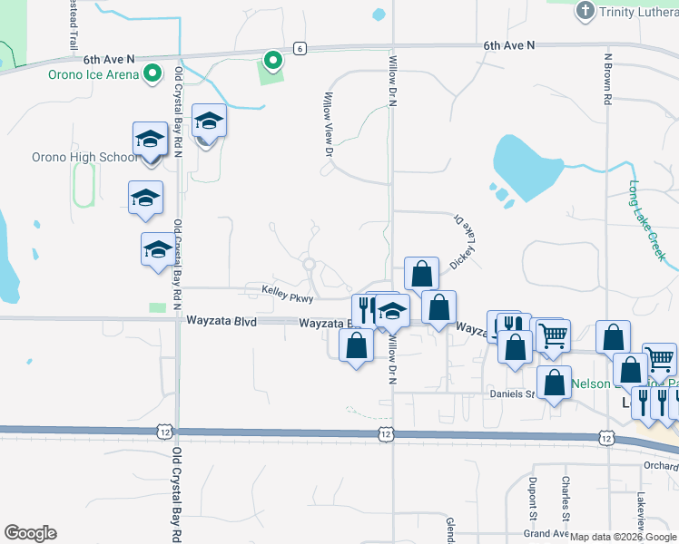 map of restaurants, bars, coffee shops, grocery stores, and more near 2494 Sandstone Lane in Long Lake