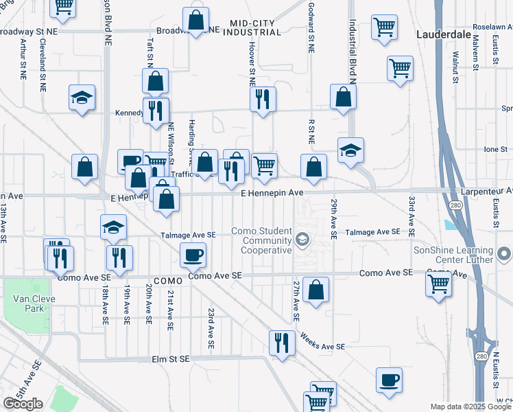 map of restaurants, bars, coffee shops, grocery stores, and more near 1094 25th Avenue Southeast in Minneapolis