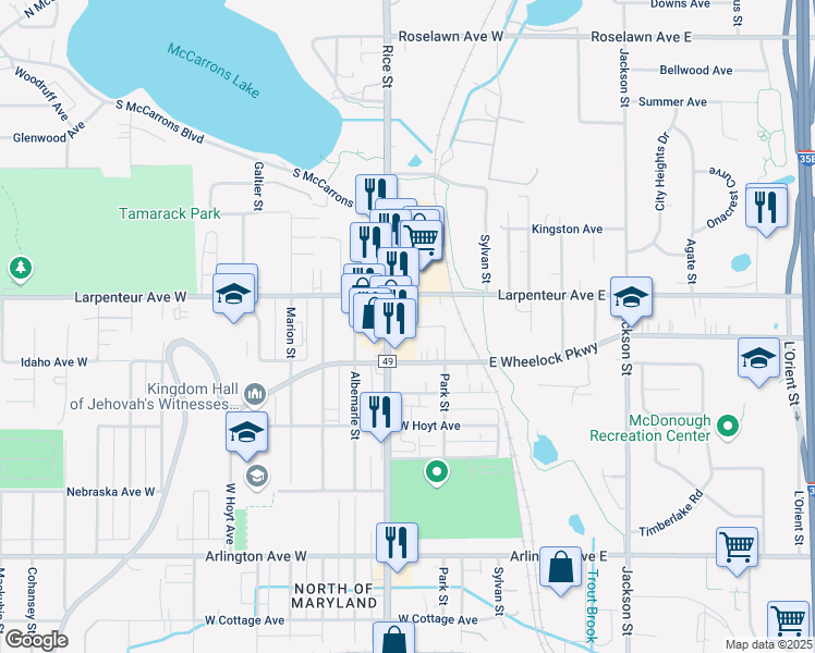 map of restaurants, bars, coffee shops, grocery stores, and more near 2555 Park Street in Saint Paul
