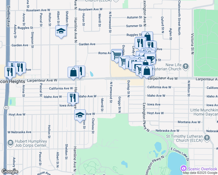 map of restaurants, bars, coffee shops, grocery stores, and more near 1649 North Fernwood Street in Saint Paul