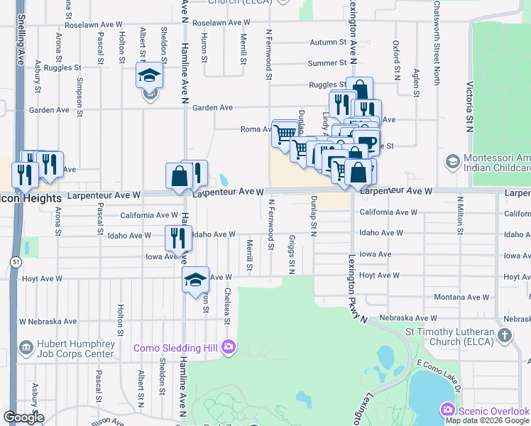 map of restaurants, bars, coffee shops, grocery stores, and more near 1649 North Fernwood Street in Saint Paul