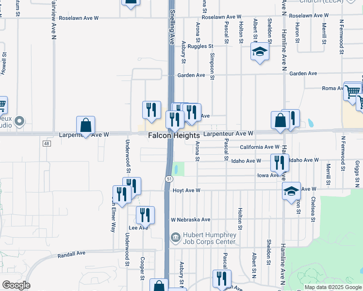 map of restaurants, bars, coffee shops, grocery stores, and more near 1669 Arona Street in Falcon Heights
