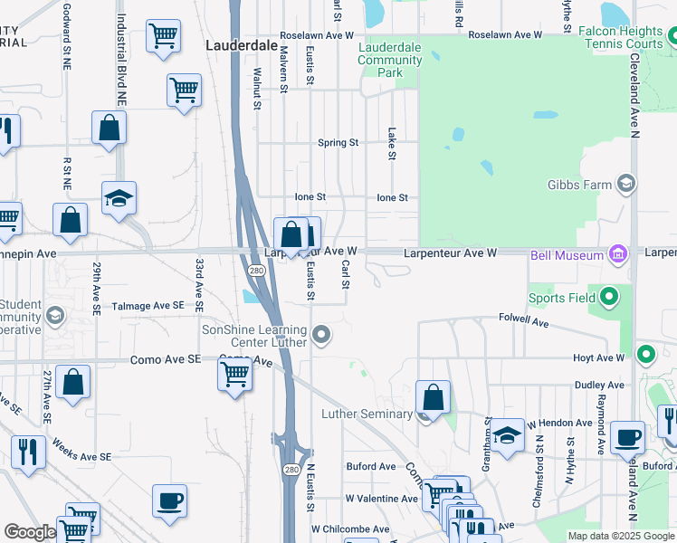 map of restaurants, bars, coffee shops, grocery stores, and more near 1631 Carl Street in Lauderdale
