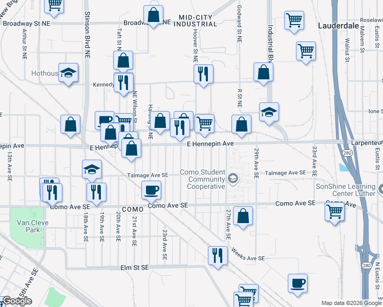 map of restaurants, bars, coffee shops, grocery stores, and more near 1094 25th Avenue Southeast in Minneapolis