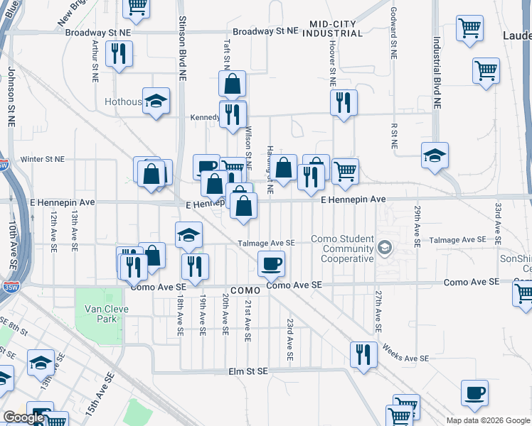 map of restaurants, bars, coffee shops, grocery stores, and more near 1101 22nd Avenue Southeast in Minneapolis