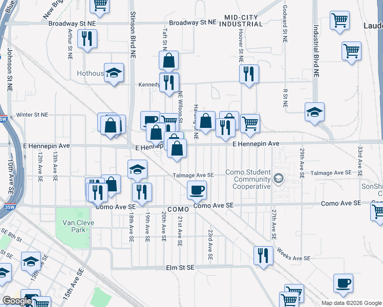 map of restaurants, bars, coffee shops, grocery stores, and more near 1101 22nd Avenue Southeast in Minneapolis