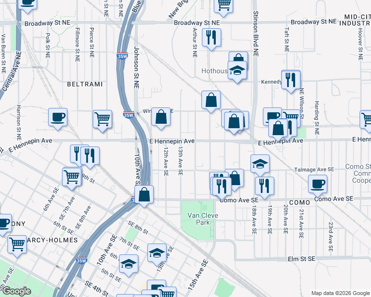 map of restaurants, bars, coffee shops, grocery stores, and more near 1105 14th Avenue Southeast in Minneapolis