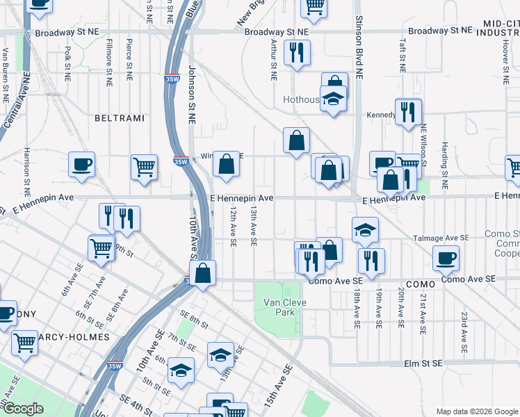 map of restaurants, bars, coffee shops, grocery stores, and more near 1105 14th Avenue Southeast in Minneapolis